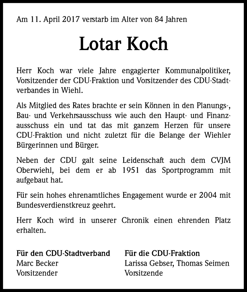  Traueranzeige für Lotar Koch vom 20.04.2017 aus Kölner Stadt-Anzeiger / Kölnische Rundschau / Express