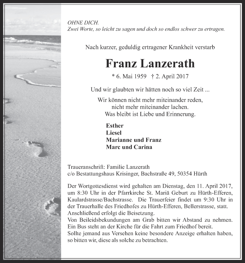  Traueranzeige für Franz Lanzerath vom 05.04.2017 aus  Wochenende 