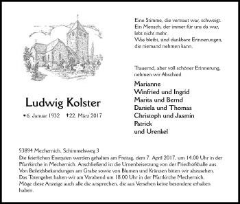 Anzeige von Ludwig Kolster von Kölner Stadt-Anzeiger / Kölnische Rundschau / Express