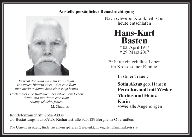  Traueranzeige für Hans-Kurt Basten vom 05.04.2017 aus  Werbepost 