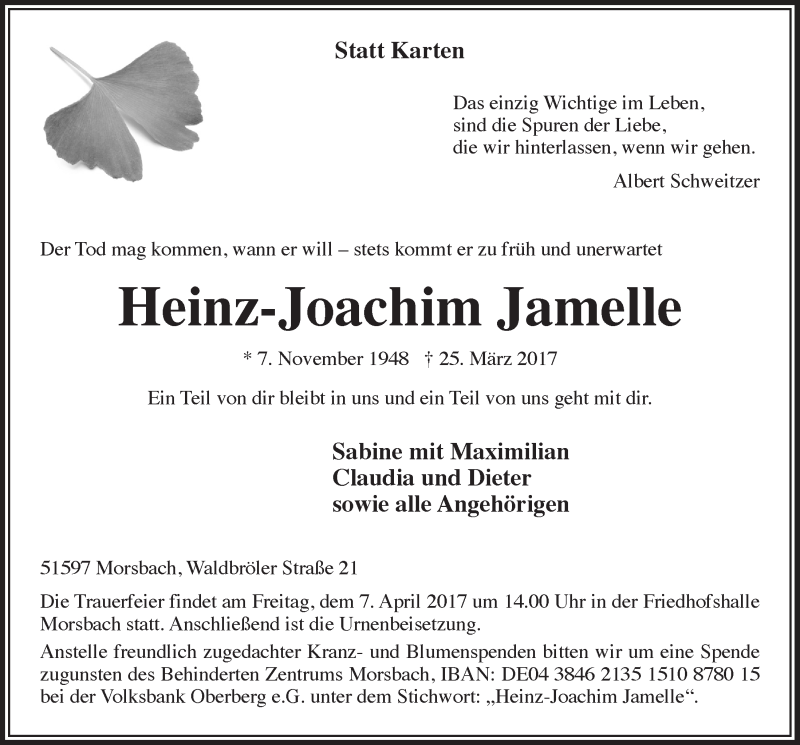  Traueranzeige für Heinz-Joachim Jamelle vom 05.04.2017 aus  Lokalanzeiger 