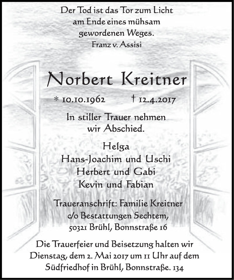  Traueranzeige für Norbert Kreitner vom 29.04.2017 aus  Schlossbote/Werbekurier 