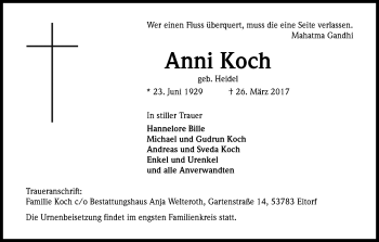 Anzeige von Anni Koch von Kölner Stadt-Anzeiger / Kölnische Rundschau / Express