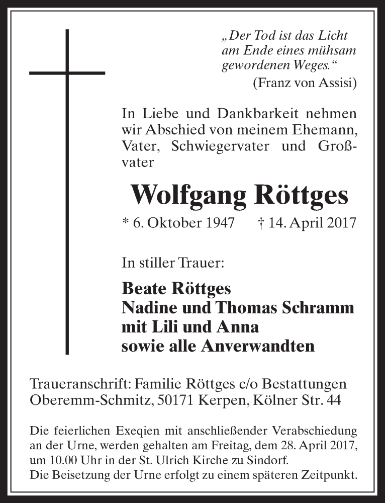  Traueranzeige für Wolfgang Röttges vom 26.04.2017 aus  Werbepost 