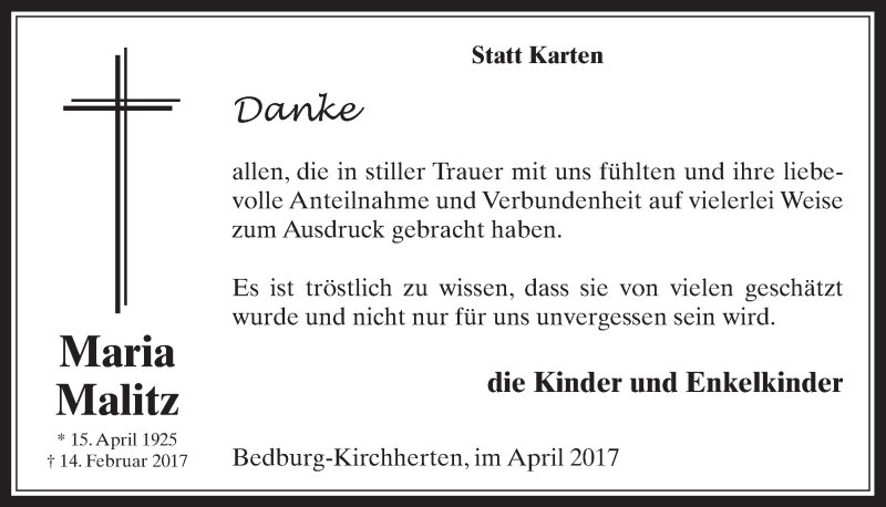  Traueranzeige für Maria Malitz vom 19.04.2017 aus  Werbepost 