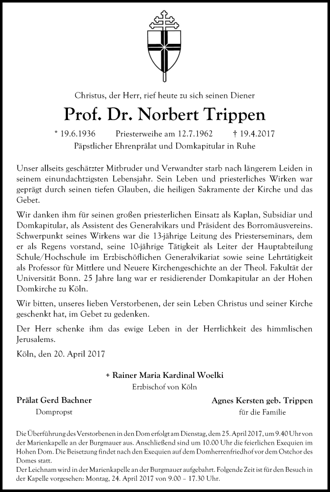  Traueranzeige für Norbert  Trippen vom 22.04.2017 aus Kölner Stadt-Anzeiger / Kölnische Rundschau / Express