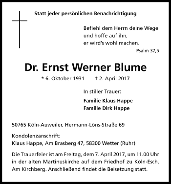 Anzeige von Ernst Werner Blume von Kölner Stadt-Anzeiger / Kölnische Rundschau / Express
