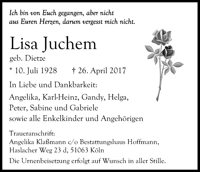  Traueranzeige für Lisa Juchem vom 29.04.2017 aus Kölner Stadt-Anzeiger / Kölnische Rundschau / Express
