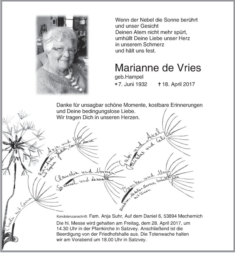  Traueranzeige für Marianne de Vries vom 22.04.2017 aus  Blickpunkt Euskirchen 