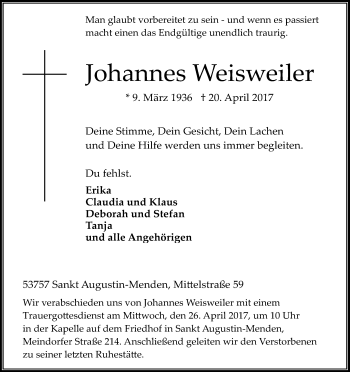 Anzeige von Johannes Weisweiler von Kölner Stadt-Anzeiger / Kölnische Rundschau / Express
