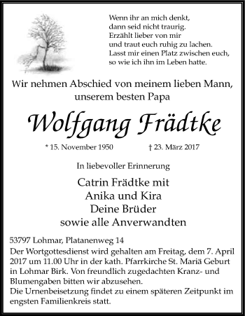 Anzeige von Wolfgang Frädtke von Kölner Stadt-Anzeiger / Kölnische Rundschau / Express