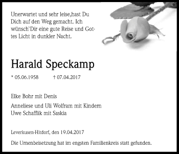 Anzeige von Harald Speckamp von Kölner Stadt-Anzeiger / Kölnische Rundschau / Express