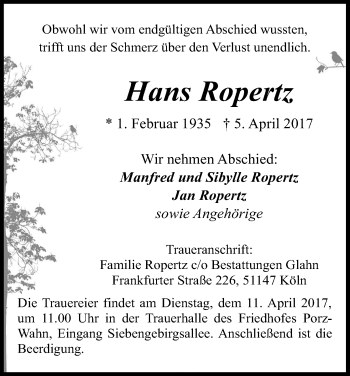 Anzeige von Hans Ropertz von Kölner Stadt-Anzeiger / Kölnische Rundschau / Express