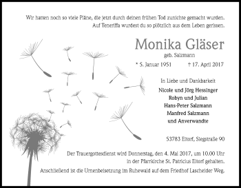 Anzeige von Monika Gläser von Kölner Stadt-Anzeiger / Kölnische Rundschau / Express