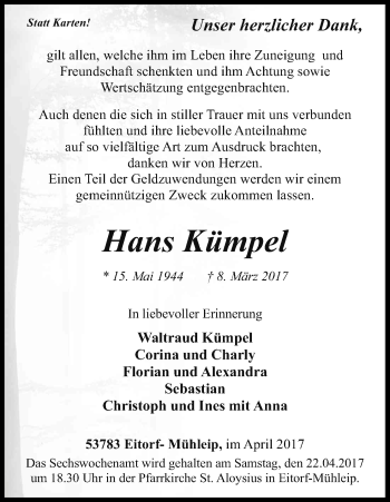 Anzeige von Hans Kümpel von Kölner Stadt-Anzeiger / Kölnische Rundschau / Express