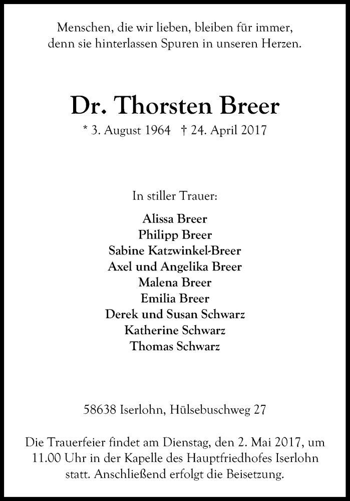  Traueranzeige für Thorsten Breer vom 28.04.2017 aus Kölner Stadt-Anzeiger / Kölnische Rundschau / Express