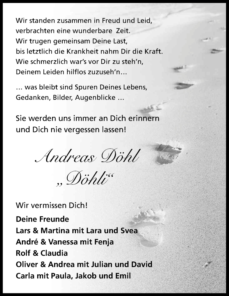  Traueranzeige für Andreas Döhl vom 15.04.2017 aus Kölner Stadt-Anzeiger / Kölnische Rundschau / Express