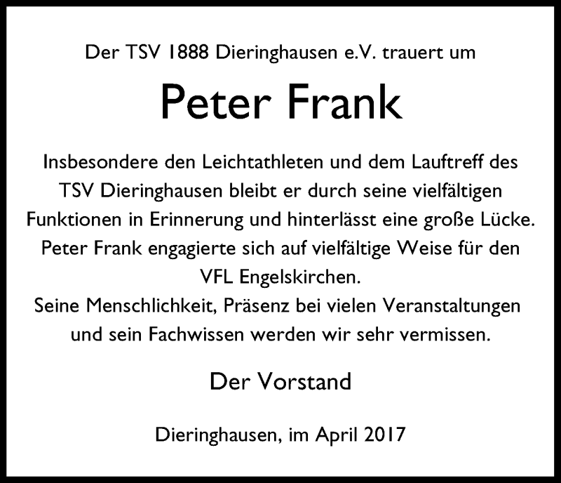  Traueranzeige für Peter Frank vom 13.04.2017 aus Kölner Stadt-Anzeiger / Kölnische Rundschau / Express