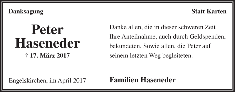  Traueranzeige für Peter Haseneder vom 26.04.2017 aus  Anzeigen Echo 