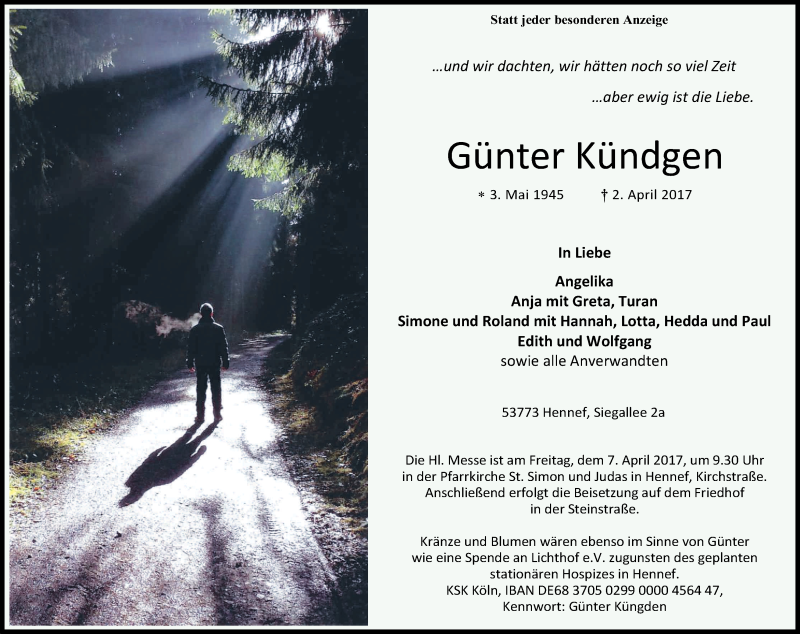  Traueranzeige für Günter Kündgen vom 04.04.2017 aus Kölner Stadt-Anzeiger / Kölnische Rundschau / Express