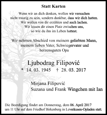 Anzeige von Ljubodrag Filipovic von Kölner Stadt-Anzeiger / Kölnische Rundschau / Express