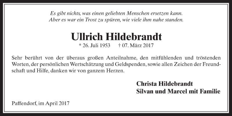  Traueranzeige für Ullrich Hildebrandt vom 05.04.2017 aus  Werbepost 