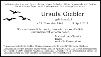 Anzeige von Ursula Giebler von Kölner Stadt-Anzeiger / Kölnische Rundschau / Express