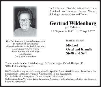 Anzeige von Gertrud Wildenburg von  Werbepost 