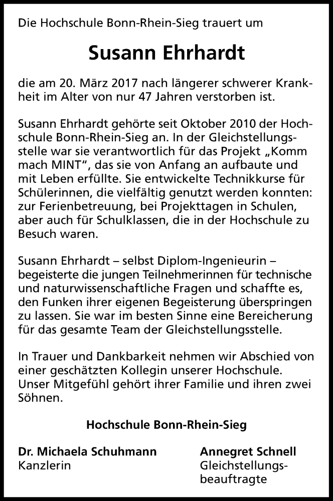  Traueranzeige für Susann Ehrhardt vom 05.04.2017 aus Kölner Stadt-Anzeiger / Kölnische Rundschau / Express