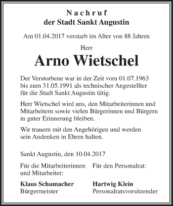 Anzeige von Arno Wietschel von  Extra Blatt 