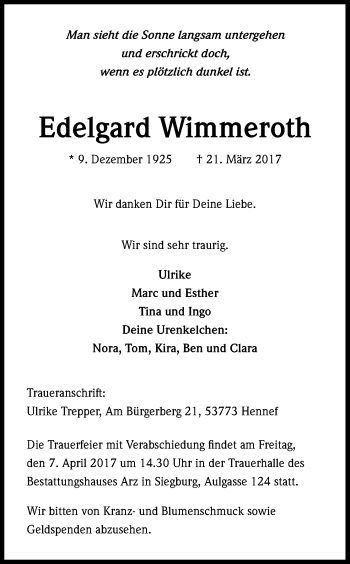 Anzeige von Edelgard Wimmeroth von Kölner Stadt-Anzeiger / Kölnische Rundschau / Express