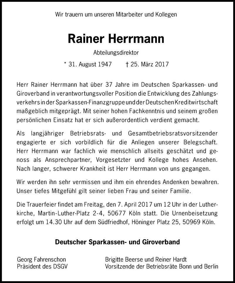  Traueranzeige für Rainer Herrmann vom 01.04.2017 aus Kölner Stadt-Anzeiger / Kölnische Rundschau / Express