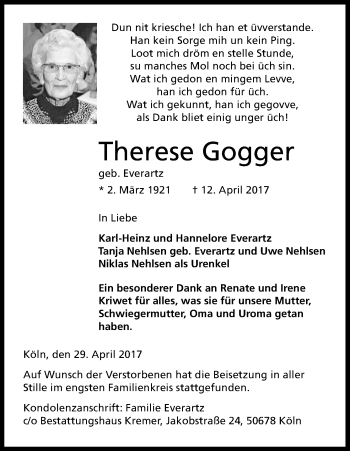 Anzeige von Therese Gogger von Kölner Stadt-Anzeiger / Kölnische Rundschau / Express