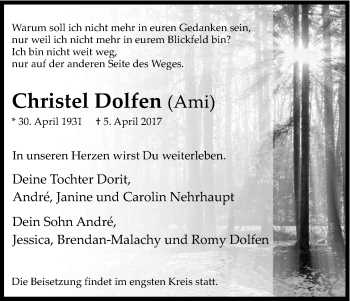 Anzeige von Christel Dolfen von Kölner Stadt-Anzeiger / Kölnische Rundschau / Express