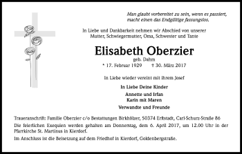 Anzeige von Elisabeth Oberzier von Kölner Stadt-Anzeiger / Kölnische Rundschau / Express