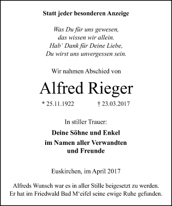 Anzeige von Alfred Rieger von  Blickpunkt Euskirchen 