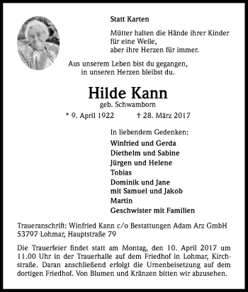 Anzeige von Hilde Kann von Kölner Stadt-Anzeiger / Kölnische Rundschau / Express