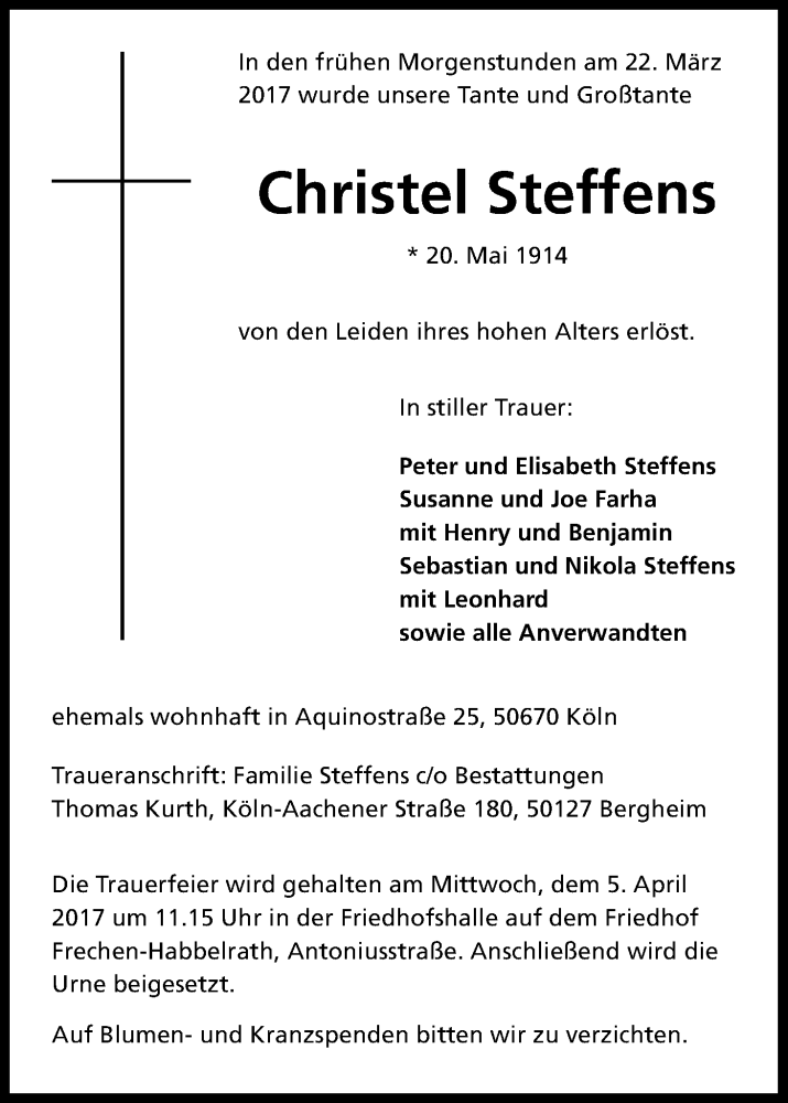  Traueranzeige für Christel Steffens vom 01.04.2017 aus Kölner Stadt-Anzeiger / Kölnische Rundschau / Express