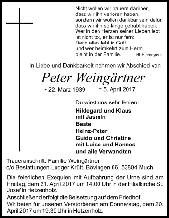 Anzeige von Peter Weingärtner von Kölner Stadt-Anzeiger / Kölnische Rundschau / Express