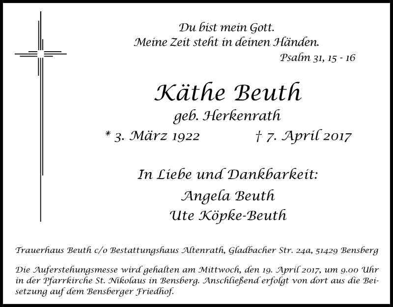 Traueranzeige für Käthe Beuth vom 12.04.2017 aus Kölner Stadt-Anzeiger / Kölnische Rundschau / Express