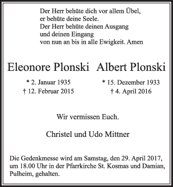 Anzeige von Eleonore und Albert Plonski von  Sonntags-Post 