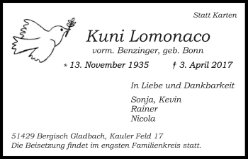 Anzeige von Kuni Lomonaco von Kölner Stadt-Anzeiger / Kölnische Rundschau / Express