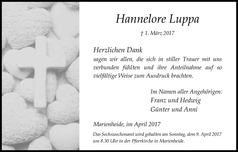  Traueranzeige für Hannelore Luppa vom 01.04.2017 aus Kölner Stadt-Anzeiger / Kölnische Rundschau / Express