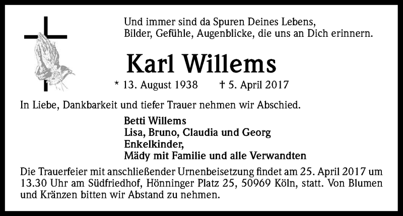  Traueranzeige für Karl Willems vom 19.04.2017 aus Kölner Stadt-Anzeiger / Kölnische Rundschau / Express