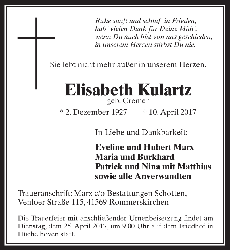 Traueranzeige für Elisabeth Kulartz vom 19.04.2017 aus  Werbepost 