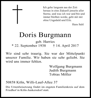 Anzeige von Doris Burgmann von Kölner Stadt-Anzeiger / Kölnische Rundschau / Express