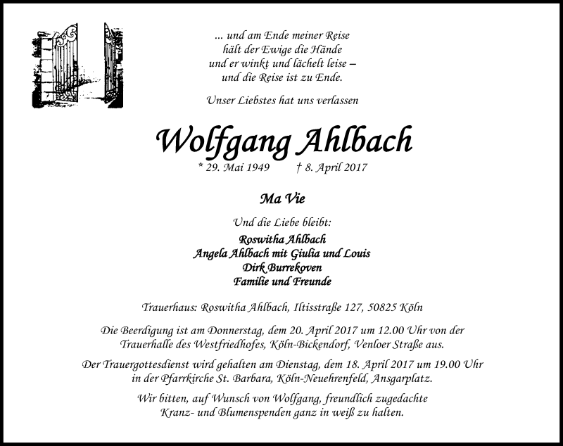 Traueranzeige für Wolfgang Ahlbach vom 15.04.2017 aus Kölner Stadt-Anzeiger / Kölnische Rundschau / Express