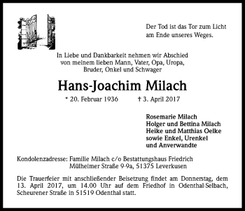 Anzeige von Hans-Joachim Milach von Kölner Stadt-Anzeiger / Kölnische Rundschau / Express