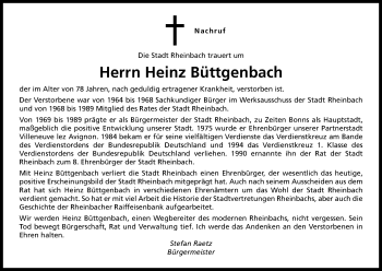 Anzeige von Heinz Büttgenbach von Kölner Stadt-Anzeiger / Kölnische Rundschau / Express