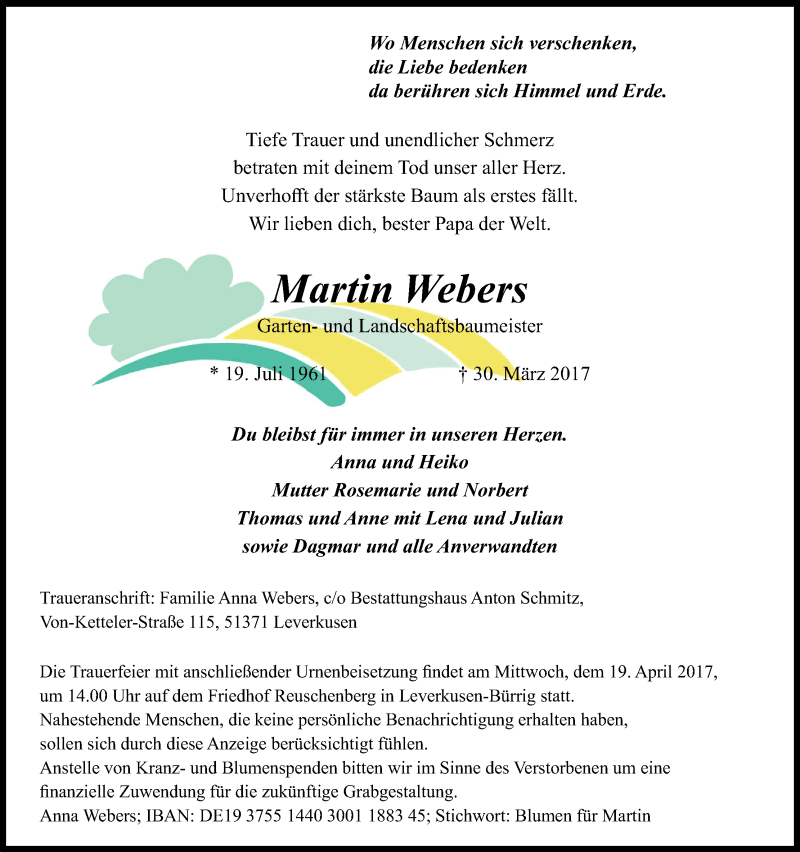  Traueranzeige für Martin Webers vom 15.04.2017 aus Kölner Stadt-Anzeiger / Kölnische Rundschau / Express